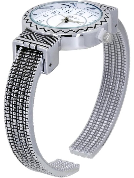 Women\'s White Silver Analog Quartz Metal hinged Bangle Pearl Cuff Bracelet Watch main image 2